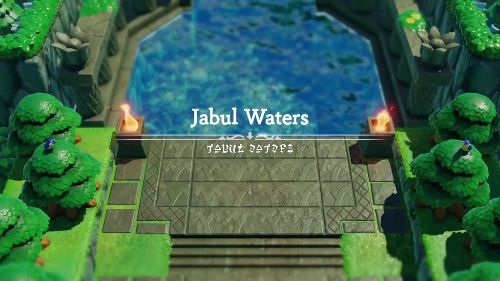 The Jabul Waters Rift - The Legend of Zelda: Echoes of Wisdom Walkthrough 1 Jabul Waters title card over the stone steps of Lord Jabu-Jabu's Den during the region's opening flyover.