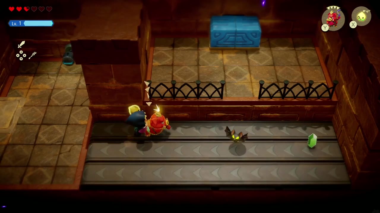 Gerudo Sanctum Dungeon - The Legend of Zelda: Echoes of Wisdom Walkthrough 20 A Keese and a green rupee ride the conveyor as Zelda fights at the room's edge.