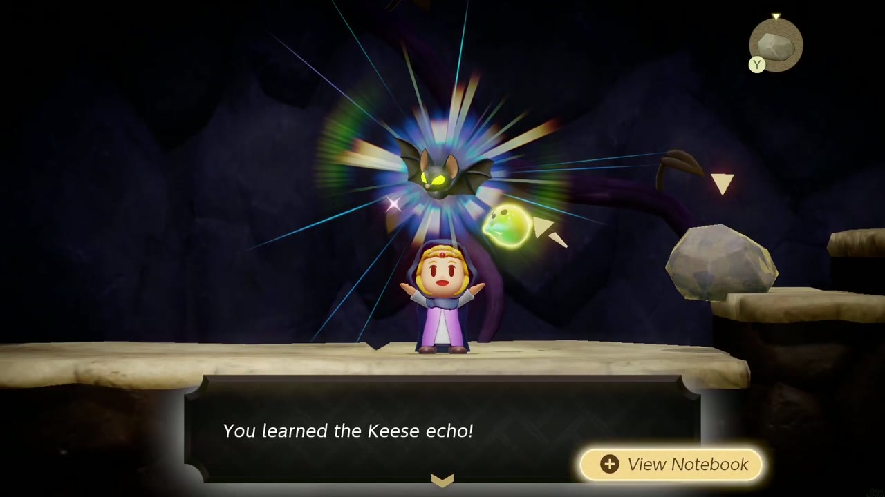 Zelda aprende o Keese eco em uma saliência na caverna com vista lateral em Suthorn Beach Zelda aprende o Keese eco em uma saliência na caverna com vista lateral em Suthorn Beach