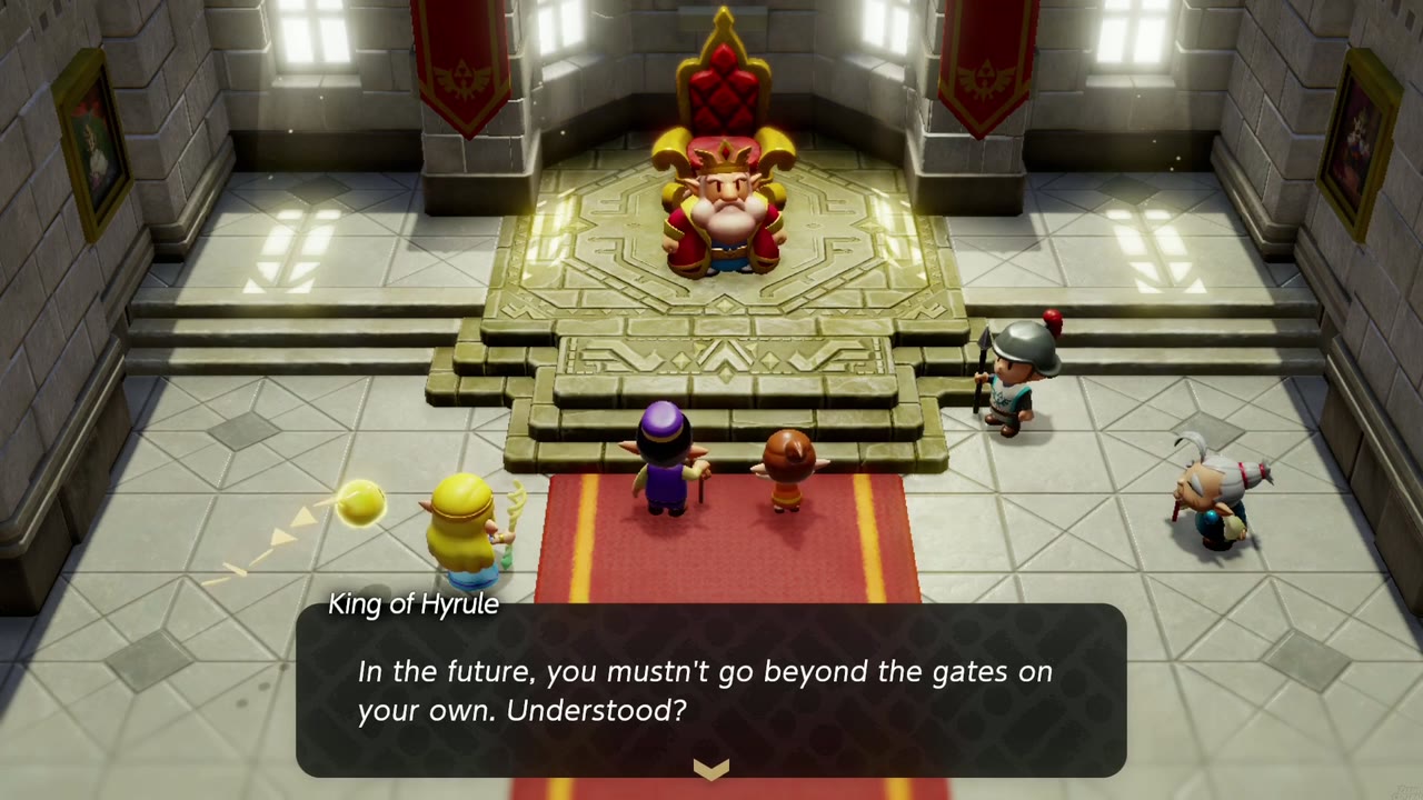 The King tells Romi she mustn't go beyond the gates on her own, with her papa beside her in the Throne Room. The King tells Romi she mustn't go beyond the gates on her own, with her papa beside her in the Throne Room.