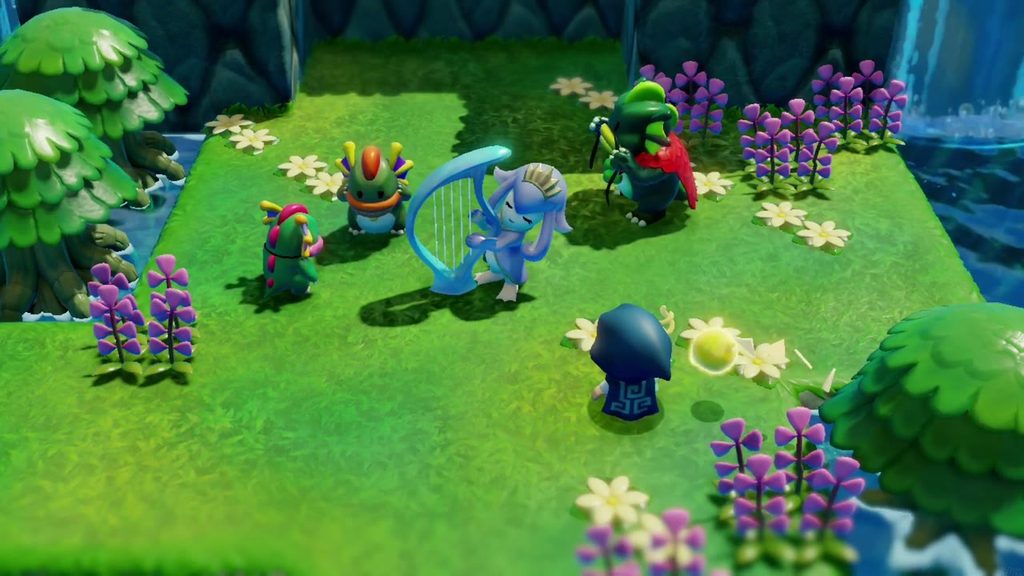 The Jabul Waters Rift - The Legend of Zelda: Echoes of Wisdom Walkthrough 43 Back on the Zora River, Kushara plays her harp to calm the shaken papa while Dradd and the child look on.
