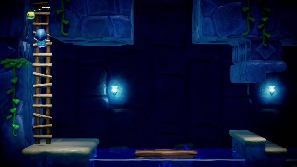 Zelda climbs down the ladder into a side-scrolling water room in Jabul Ruins.