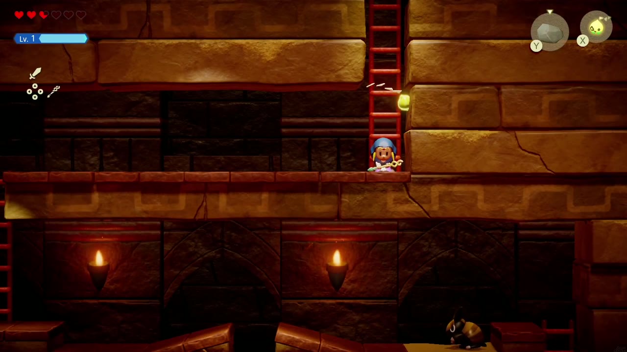 Gerudo Sanctum Dungeon - The Legend of Zelda: Echoes of Wisdom Walkthrough 42 Zelda climbs down the ladder into the side-view chamber below the moving-floor room.
