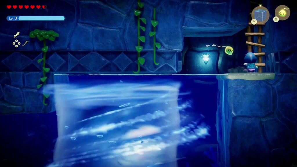 Zelda reaches the ladder at the upper right and climbs out just ahead of the whirlpool.