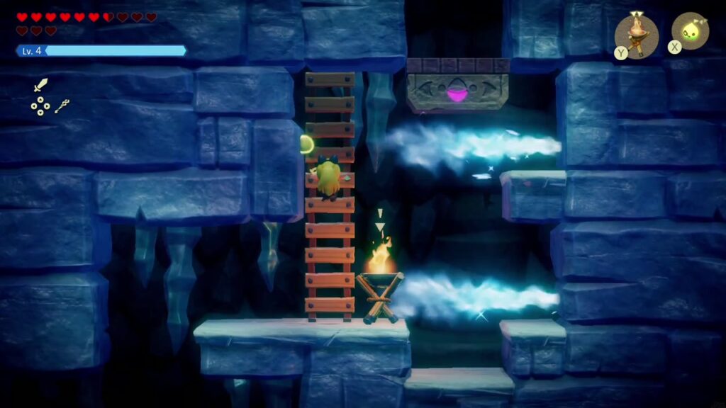Hebra Mountain: A Rift on Holy Mount Lanayru - The Legend of Zelda: Echoes of Wisdom Walkthrough 68 Zelda on a ladder between blasts of icy wind in the upper side-scrolling ice cave.