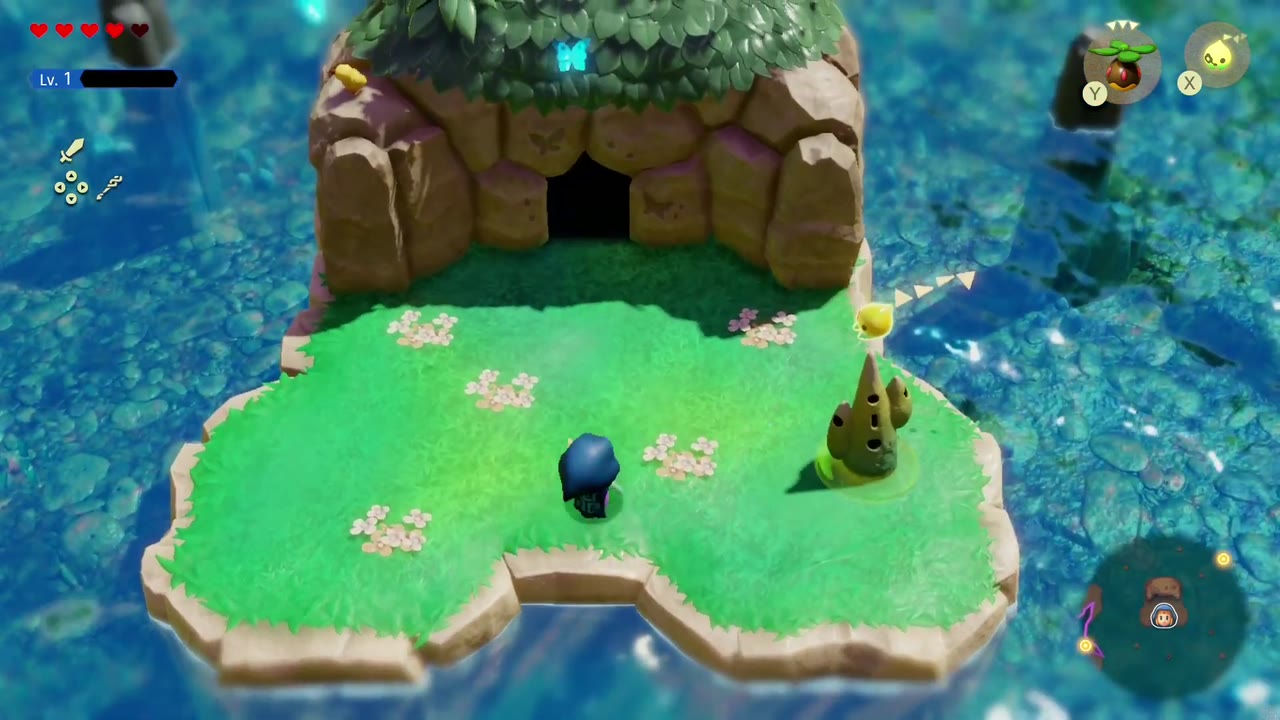 Zelda stands on the small grassy island in Lake Hylia beside the cave mouth of the Great Fairy Shrine Zelda stands on the small grassy island in Lake Hylia beside the cave mouth of the Great Fairy Shrine