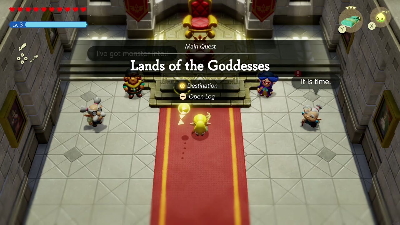 Hyrule Castle: Still Missing - The Legend of Zelda: Echoes of Wisdom Walkthrough 126 The "Lands of the Goddesses" main quest banner appears in the throne room after Still Missing ends.