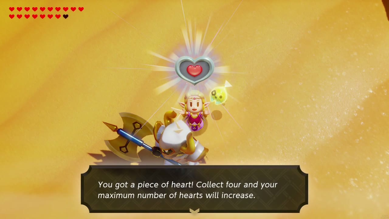 A Rift in the Gerudo Desert - The Legend of Zelda: Echoes of Wisdom Walkthrough 129 Zelda holds up the Piece of Heart dropped by the Lanmola in the Gerudo Desert.