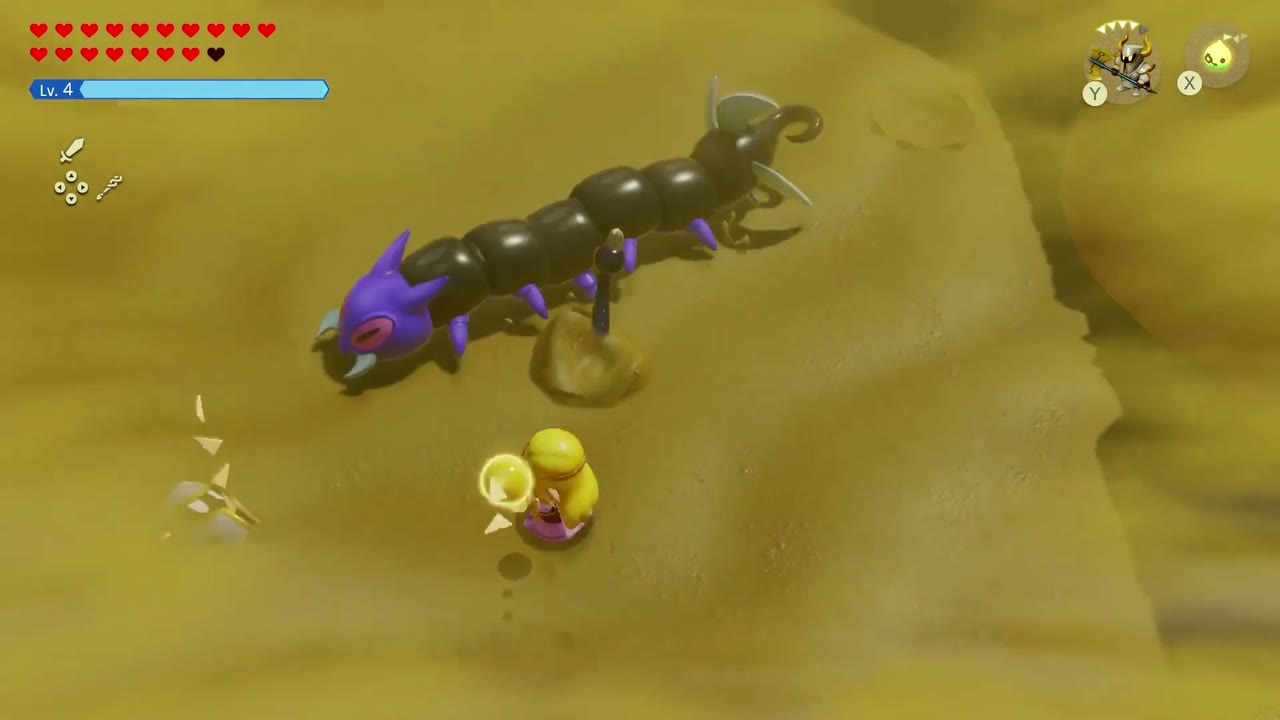 An armored knight echo slashes the purple Lanmola centipede in the desert sandstorm. An armored knight echo slashes the purple Lanmola centipede in the desert sandstorm.