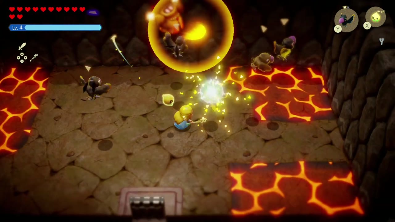 Eldin Temple Dungeon - The Legend of Zelda: Echoes of Wisdom Walkthrough 36 Zelda's echoes battle a Fire Wizzrobe fireball and dark enemies in the Eldin Temple lava-crack arena.