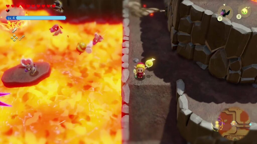 The Rift on Eldin Volcano - The Legend of Zelda: Echoes of Wisdom Walkthrough 78 Piece of Heart on a stone platform in the lava lake north of Goron City, beside the rock path where Zelda stands.