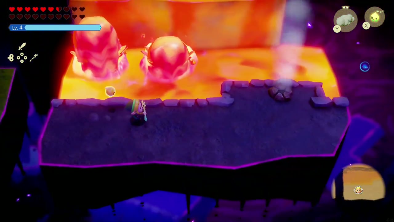 The Eternal Forest - The Legend of Zelda: Echoes of Wisdom Walkthrough 75 Zelda walks the dark ledge beside a lava platform with red spiked domes and steam vents in the Stilled Ancient Ruins.