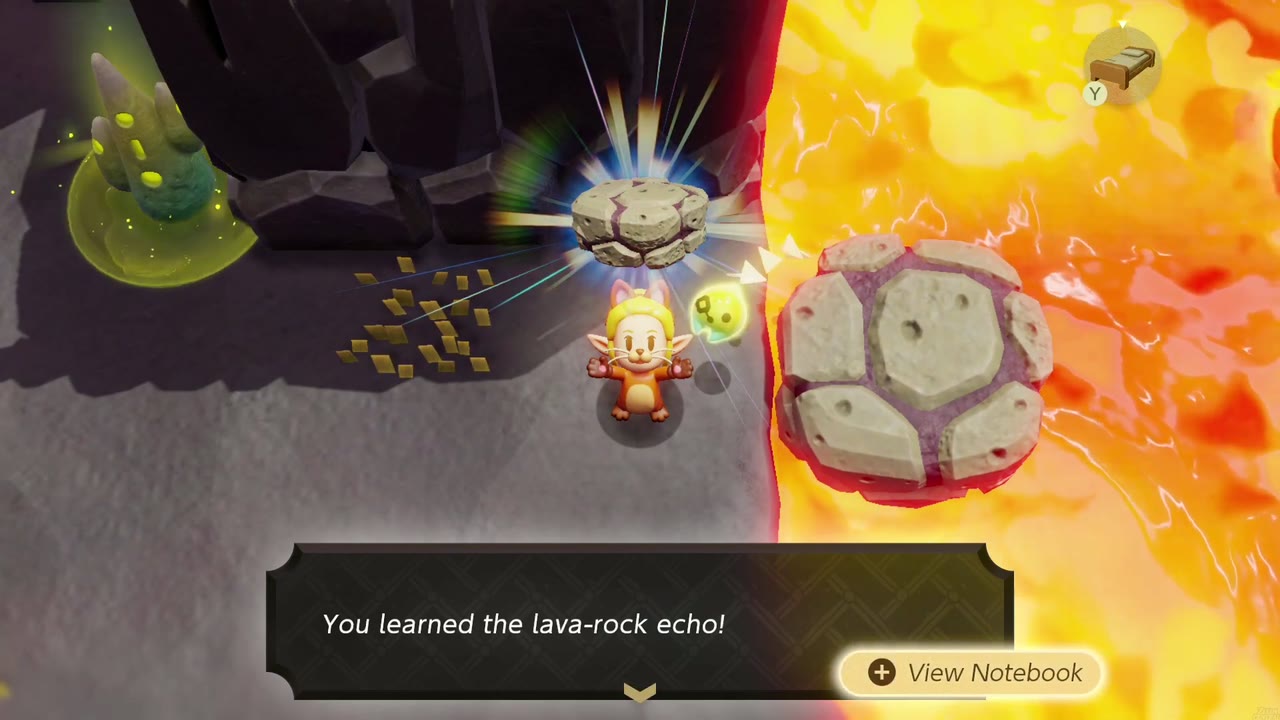 Zelda aprende o eco da Rocha de Lava ao lado de um fluxo de lava do lado de fora do portão da Pedreira Assada na Rocha, no Vulcão Eldin. Zelda aprende o eco da Rocha de Lava ao lado de um fluxo de lava do lado de fora do portão da Pedreira Assada na Rocha, no Vulcão Eldin.