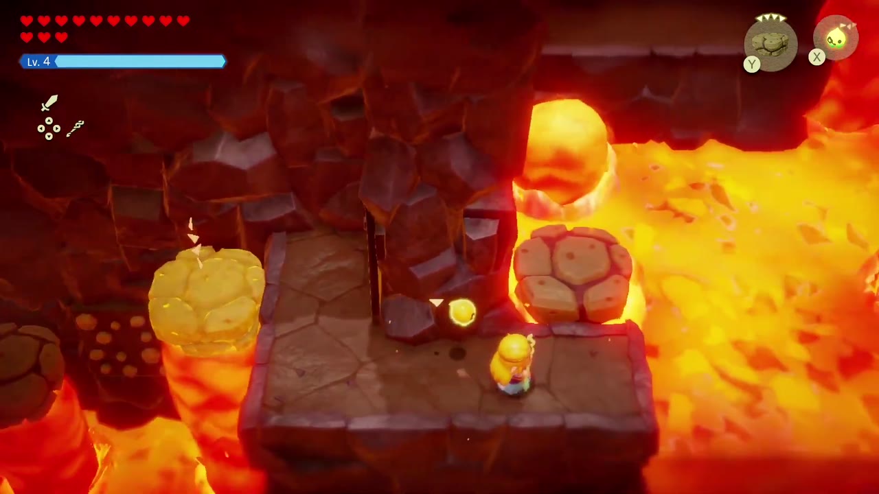 A Mountainous Mystery - The Legend of Zelda: Echoes of Wisdom Walkthrough 10 Zelda makes her way across rising Lava Rock platforms in the lava lake.