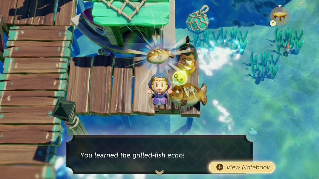 The Jabul Waters Rift - The Legend of Zelda: Echoes of Wisdom Walkthrough 12 Zelda holds up the grilled fish as she learns the Grilled Fish echo on the Seesyde pier.