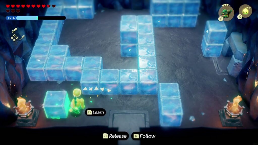 Hebra Mountain: A Rift on Holy Mount Lanayru - The Legend of Zelda: Echoes of Wisdom Walkthrough 34 The Learn prompt on an ice block in the Hebra Mountain ice cave, where Zelda gets the Ice Block echo.