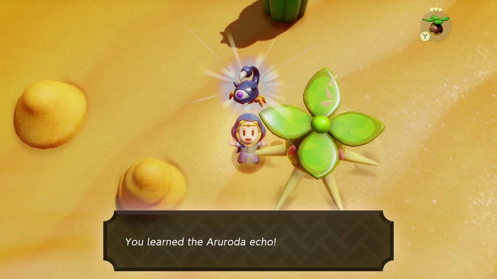 A Rift in the Gerudo Desert - The Legend of Zelda: Echoes of Wisdom Walkthrough 4 Zelda holds up the one-eyed Aruroda scorpion as she learns its echo on the open sand.