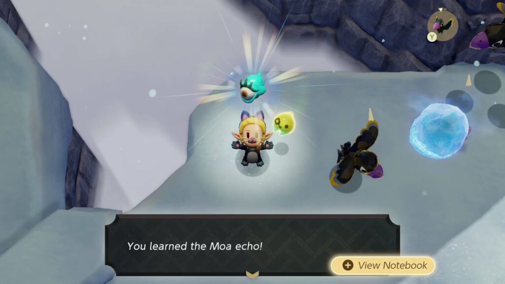Hebra Mountain: A Rift on Holy Mount Lanayru - The Legend of Zelda: Echoes of Wisdom Walkthrough 70 Zelda holds up the Moa echo after defeating it on Hebra Mountain's snowy cliff path.