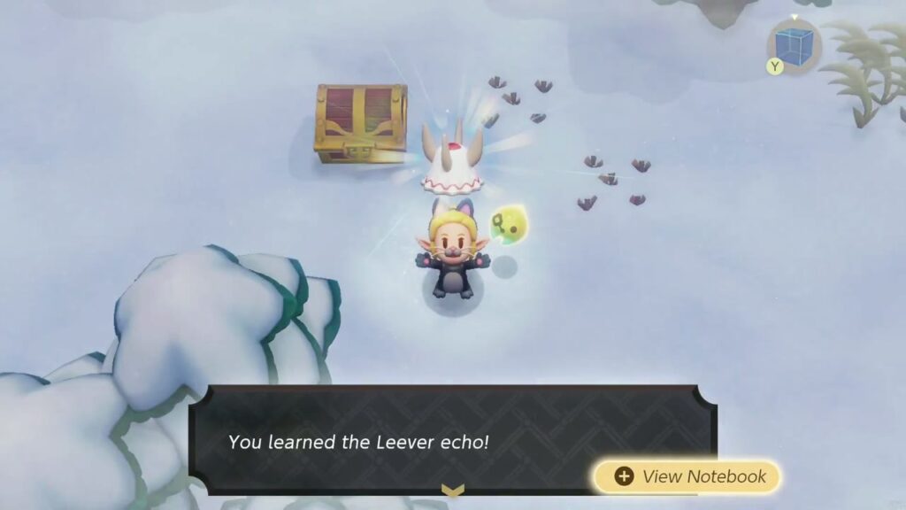 Hebra Mountain: A Rift on Holy Mount Lanayru - The Legend of Zelda: Echoes of Wisdom Walkthrough 21 Zelda learns the Leever echo on a Hebra Mountain snowfield while a Chill-Proof smoothie is active.
