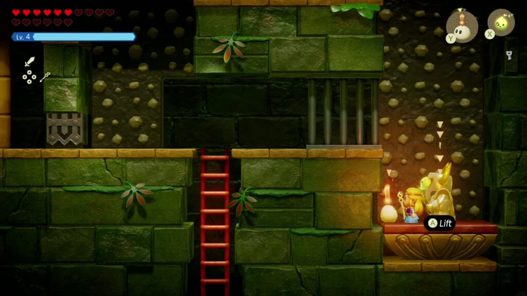 Faron Temple Dungeon - The Legend of Zelda: Echoes of Wisdom Walkthrough 16 Zelda prepares to lift a golden statue off a goblet-shaped pedestal in the side-view room.