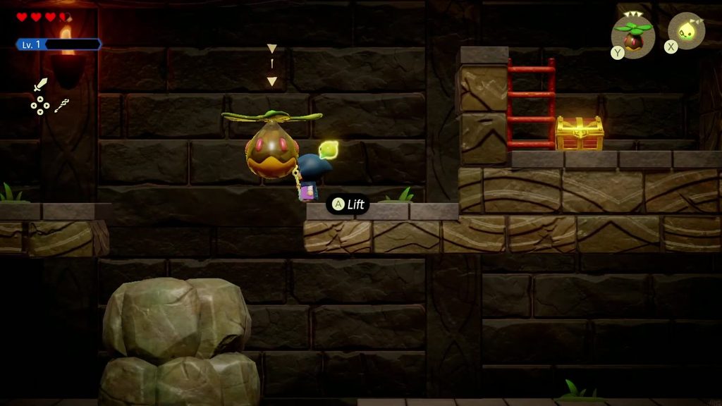 Zelda summons a Peahat echo and grabs it to float through the side-view Suthorn Ruins room