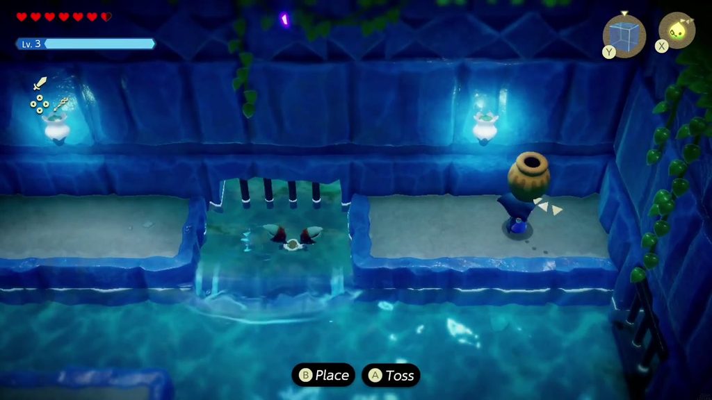 Zelda lifts a jar to toss it, with the Place and Toss prompts shown, in the flooded hall.