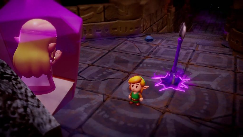 After Ganon falls, Link stands before Zelda sealed in a pink crystal as a rift sparks around the trident