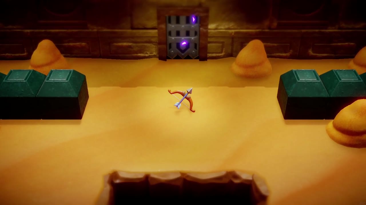 Gerudo Sanctum Dungeon - The Legend of Zelda: Echoes of Wisdom Walkthrough 94 Once the wave is cleared, Link's bow lies alone on the sand before the gate.