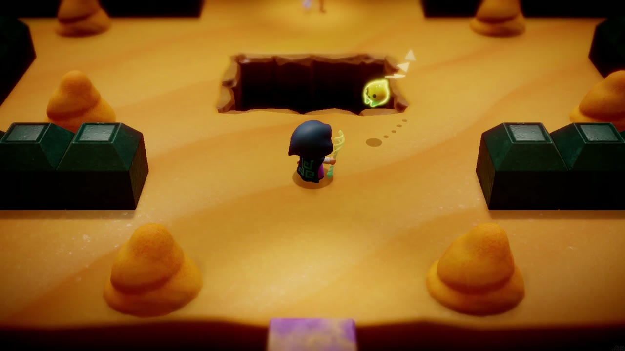 Zelda walks across the Gerudo Sanctum sand room toward the spot where Link's bow was left Zelda walks across the Gerudo Sanctum sand room toward the spot where Link's bow was left