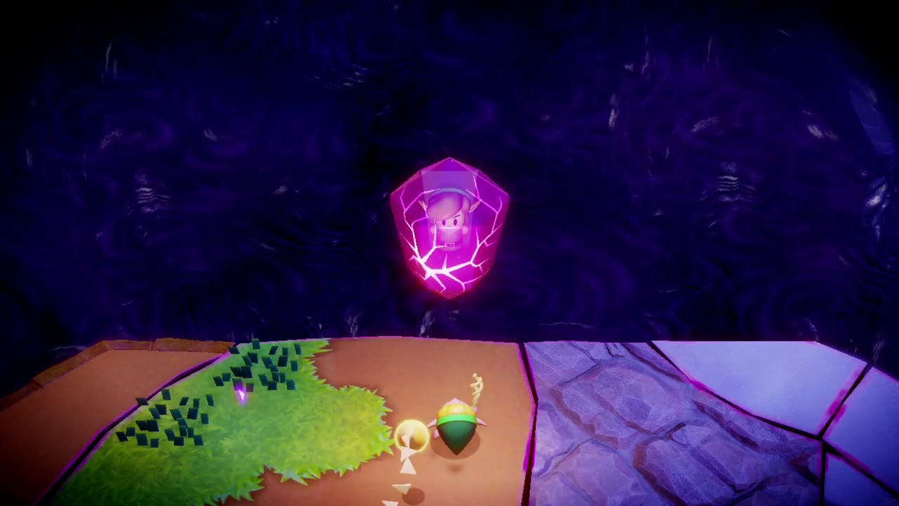The Eternal Forest - The Legend of Zelda: Echoes of Wisdom Walkthrough 87 Zelda stands beneath Link's pink crystal as it cracks open after the boss is defeated.