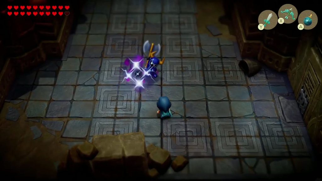 Link cuts down a monster in a Suthorn Ruins hall, part of the prologue combat tutorial