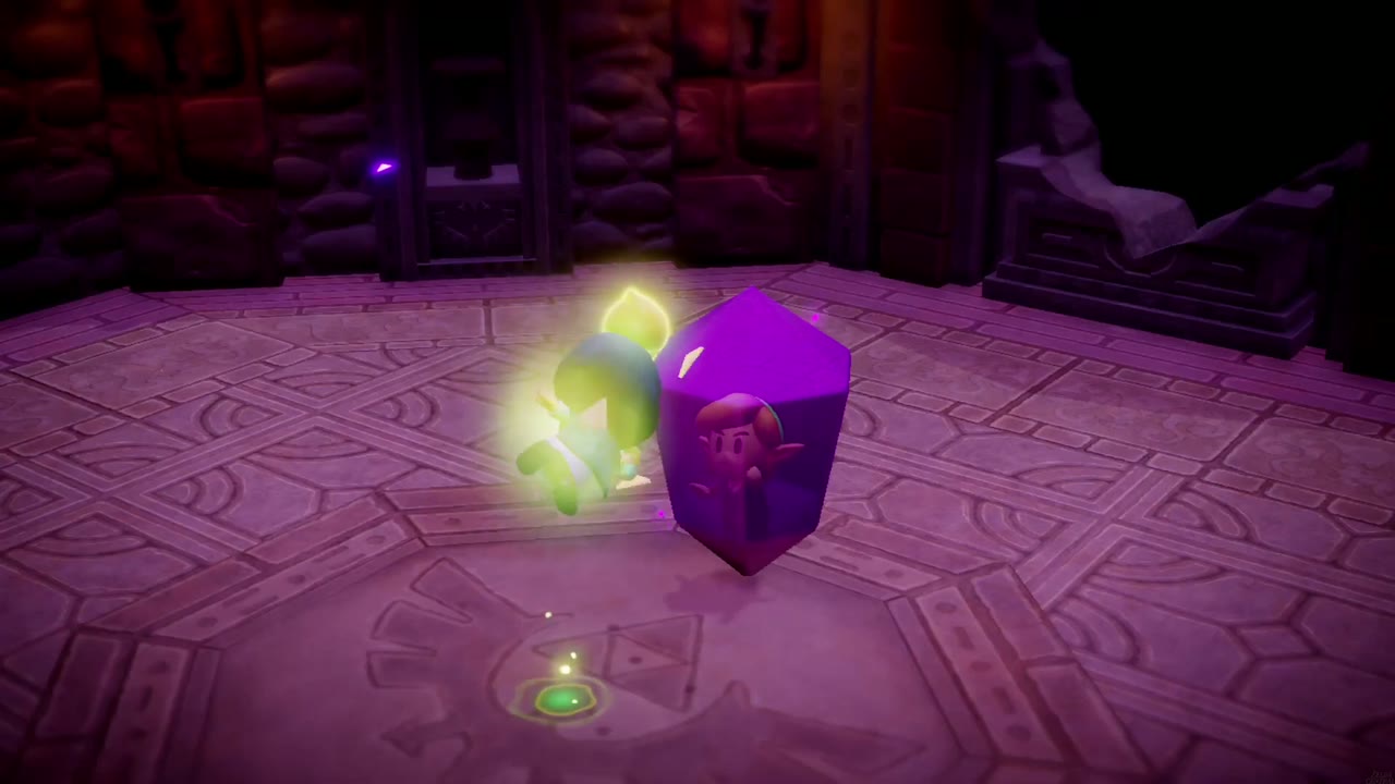 Hyrule Castle: Still Missing - The Legend of Zelda: Echoes of Wisdom Walkthrough 123 Link is sealed in a purple crystal as Zelda, carried by Tri's light, warps out of the Still World.