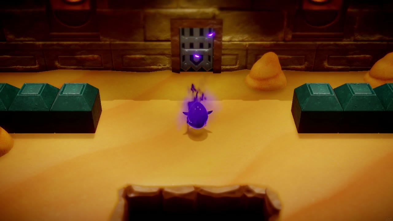 Gerudo Sanctum Dungeon - The Legend of Zelda: Echoes of Wisdom Walkthrough 92 A dark purple rift engulfs Link in front of the sealed gate, leaving only a swirl of shadow.