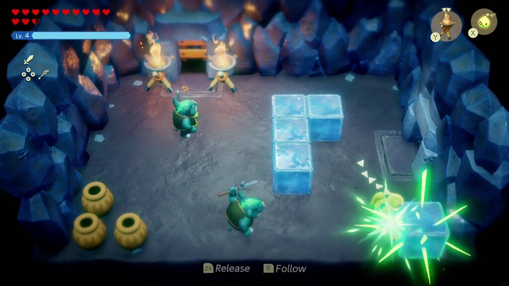 Hebra Mountain: A Rift on Holy Mount Lanayru - The Legend of Zelda: Echoes of Wisdom Walkthrough 66 Zelda's echoes fight Lizalfos in the cave room with two braziers, pots and ice blocks.