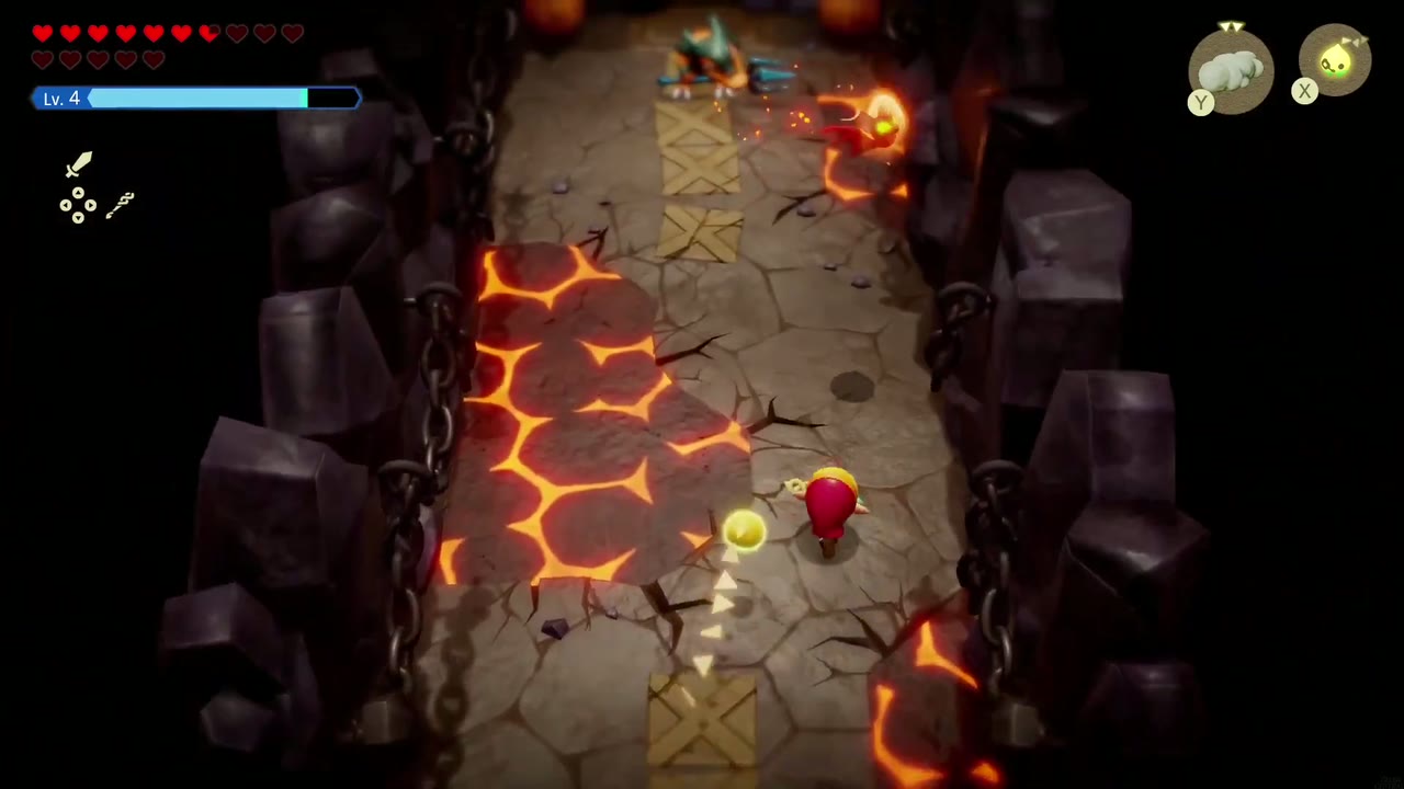 Zelda walks a narrow burrow corridor beside cracked lava floor as a Lizalfos waits ahead. Zelda walks a narrow burrow corridor beside cracked lava floor as a Lizalfos waits ahead.
