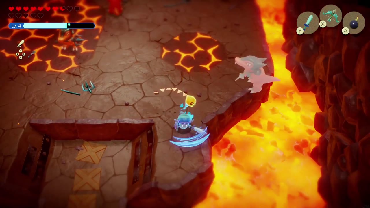 Zelda battles a Lizalfos beside the lava inside the Lizalfos Burrow. Zelda battles a Lizalfos beside the lava inside the Lizalfos Burrow.