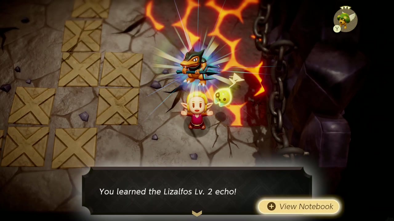 Zelda aprende o Lizalfos Eco de nível 2 em um piso de caixotes entre rachaduras de lava no Lizalfos Toca Zelda aprende o Lizalfos Eco de nível 2 em um piso de caixotes entre rachaduras de lava no Lizalfos Toca