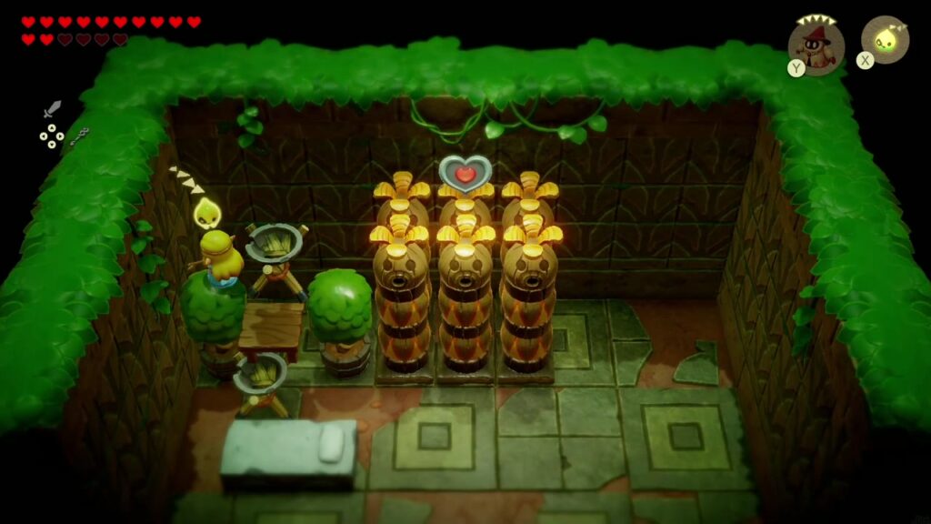 A Rift in the Faron Wetlands - The Legend of Zelda: Echoes of Wisdom Walkthrough 57 Zelda climbs the finished stack of furniture and shrubs up toward the Piece of Heart atop the Deku totems.
