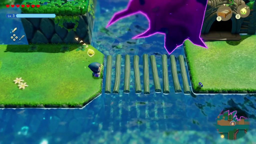 The Jabul Waters Rift - The Legend of Zelda: Echoes of Wisdom Walkthrough 14 Log bridges leading to Lord Jabu-Jabu's Den, its carved entrance swallowed by a purple rift on the Zora River.