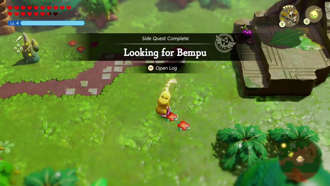 The Side Quest Complete banner for Looking for Bempu appears in the Faron Wetlands. The Side Quest Complete banner for Looking for Bempu appears in the Faron Wetlands.