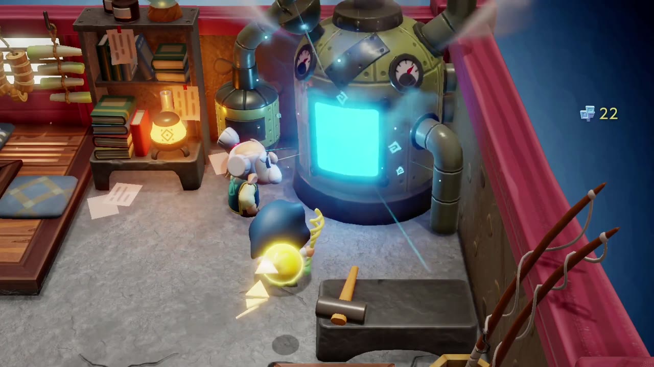 Lueburry's upgrade machine glows bright blue as Zelda spends Might Crystals in his house Lueburry's upgrade machine glows bright blue as Zelda spends Might Crystals in his house