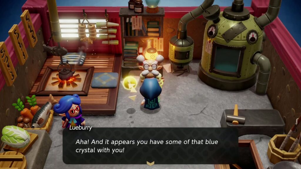 Lueburry in his workshop: "Aha! And it appears you have some of that blue crystal with you!"