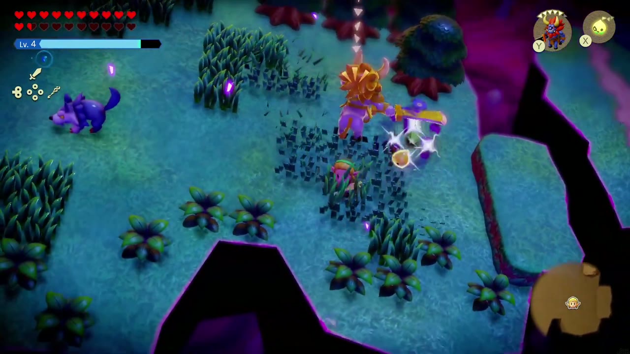 The Eternal Forest - The Legend of Zelda: Echoes of Wisdom Walkthrough 60 Zelda's Lynel echo cuts through Moblins while a Wolfos prowls the grass island in the Stilled Ancient Ruins.
