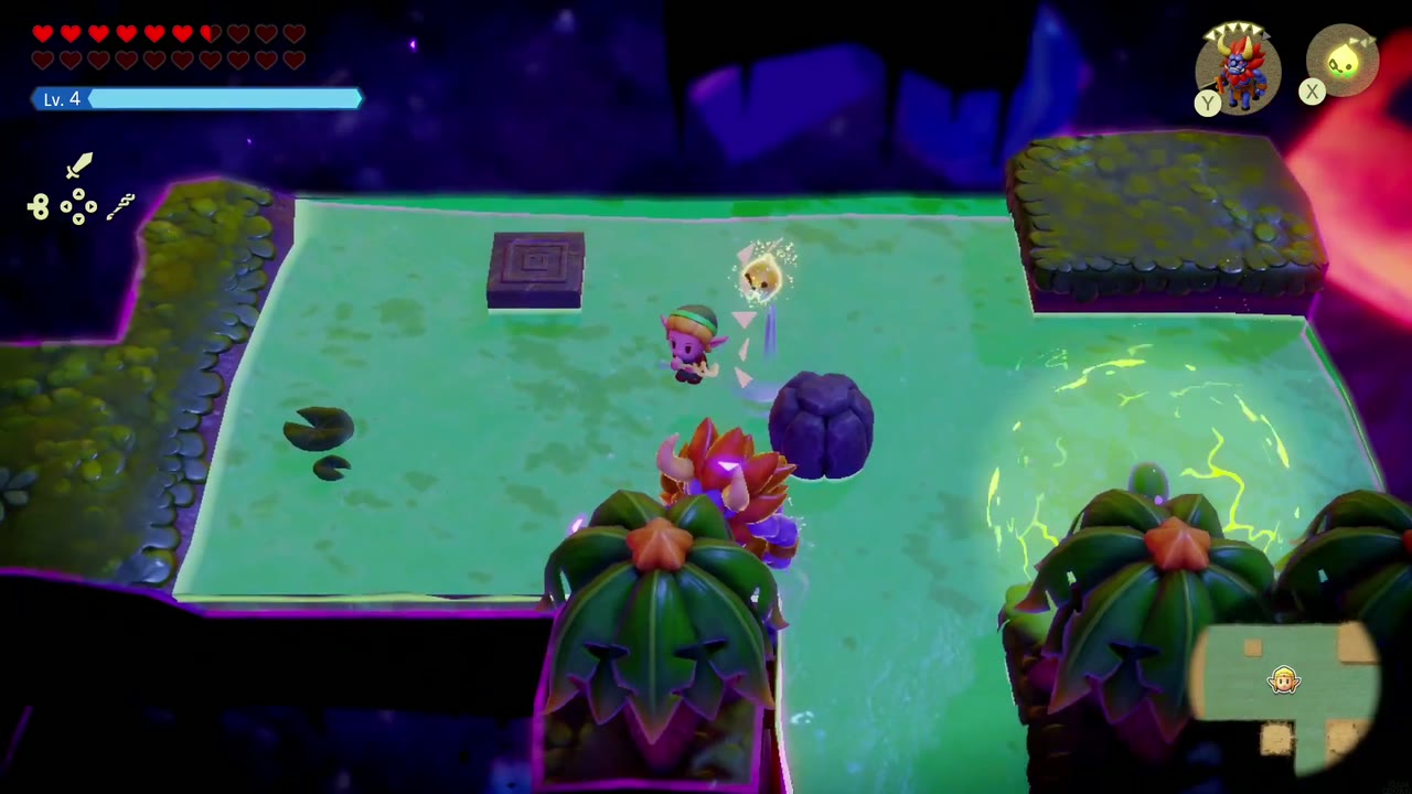 Um convocado Lynel Echo luta ao lado de Zelda em uma plataforma brilhante no final do jogo. Um convocado Lynel Echo luta ao lado de Zelda em uma plataforma brilhante no final do jogo.