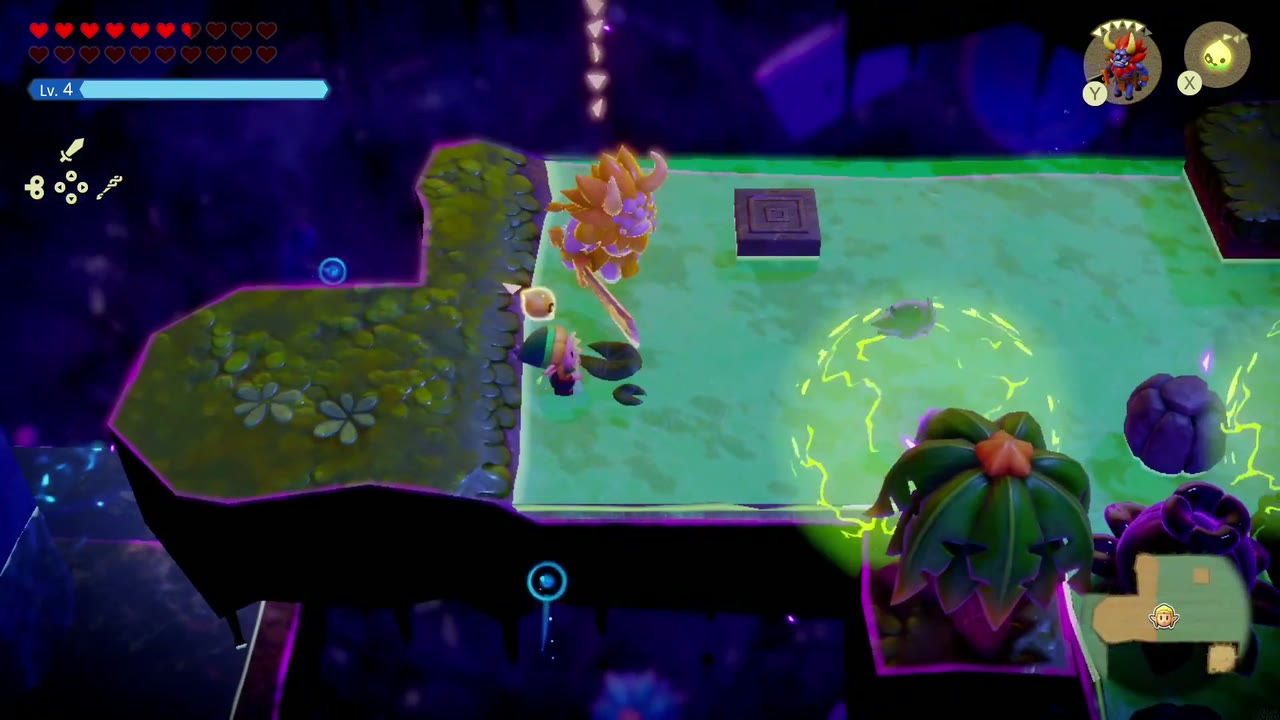 The Eternal Forest - The Legend of Zelda: Echoes of Wisdom Walkthrough 72 Zelda's Lynel echo leaps onto the shallow green water floor with its electric orb in the Stilled Ancient Ruins.