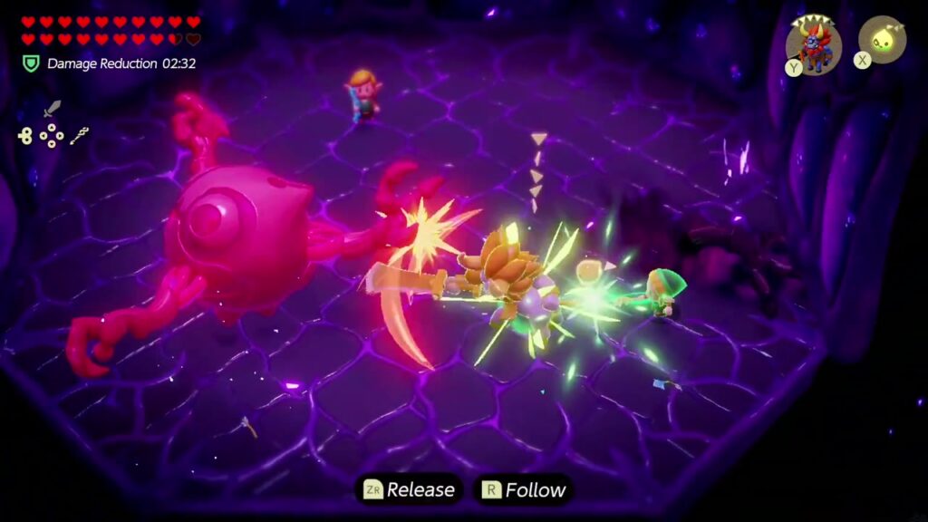 Null's Body: Final Dungeon - The Legend of Zelda: Echoes of Wisdom Walkthrough 36 Zelda tows her Lynel echo with Bind as it slashes Null's reddened orb, Link attacking alongside.