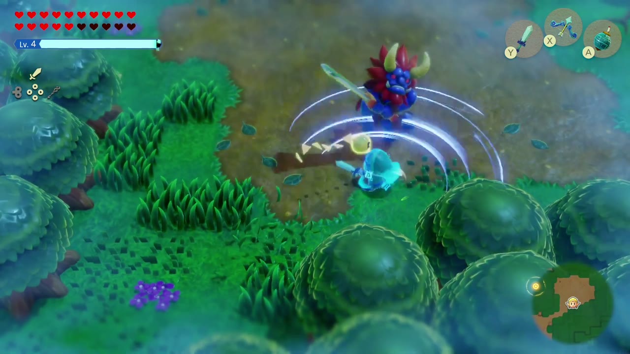 The Eternal Forest - The Legend of Zelda: Echoes of Wisdom Walkthrough 96 The Lynel unleashes a spinning sword attack as Swordfighter Zelda fights it in the forest clearing.