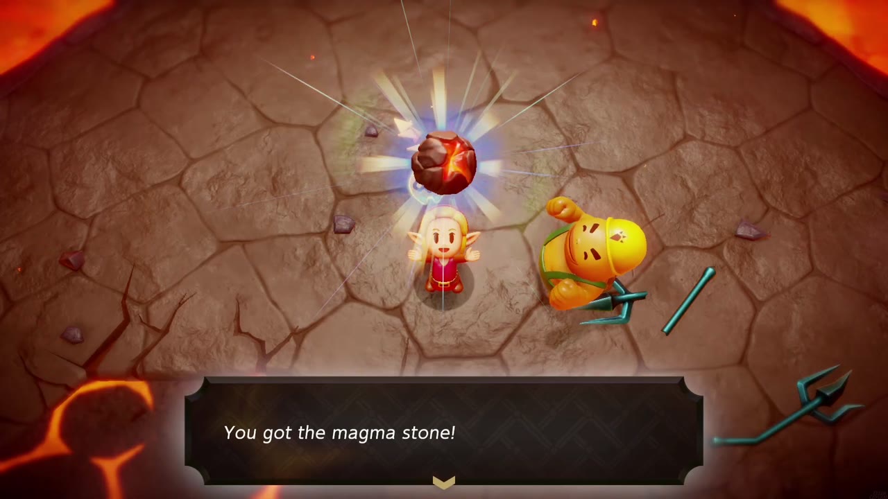 Zelda receives the magma stone from a Goron in the Eldin Volcano lava-lake cave. Zelda receives the magma stone from a Goron in the Eldin Volcano lava-lake cave.