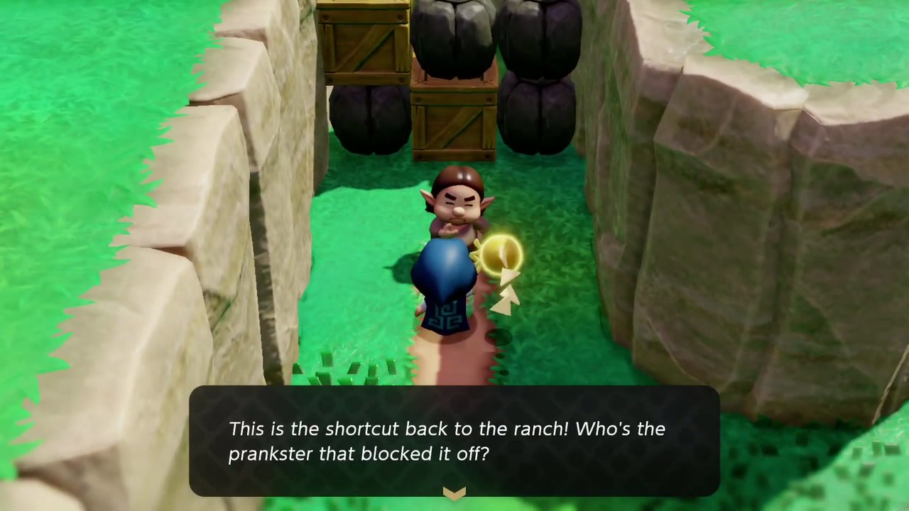 A man stands before crates and boulders blocking the shortcut back to Hyrule Ranch. A man stands before crates and boulders blocking the shortcut back to Hyrule Ranch.