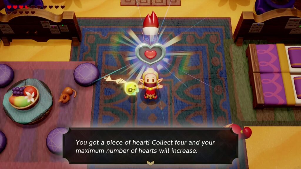 Zelda hält das Herzteil hoch, das Bonusgeschenk für das Pflücken aller 70 Mangos.